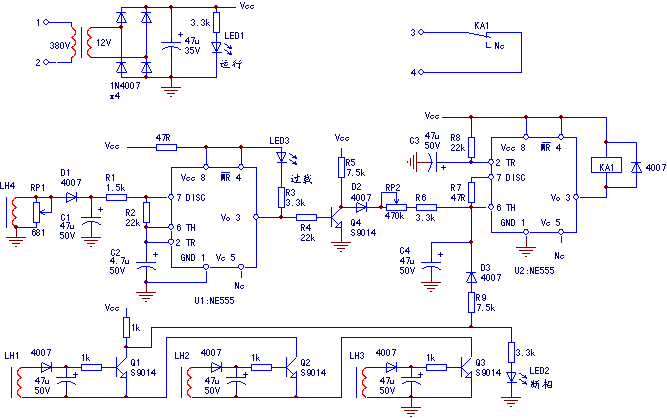電動(dòng)機斷相過(guò)載保護器整機電路
